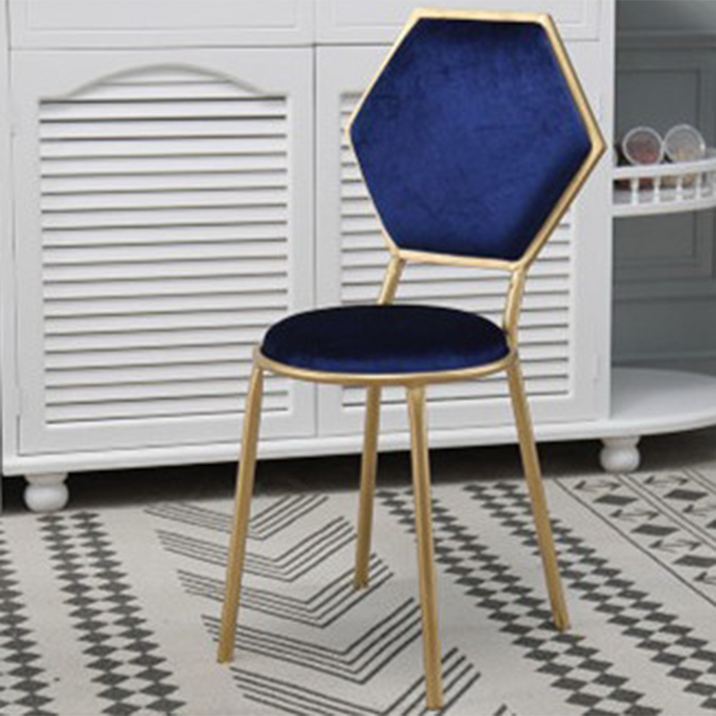 Traditional French Round Velvet Upholstered Metal Frame Vanity Stool Hexagonal Back For Bedroom