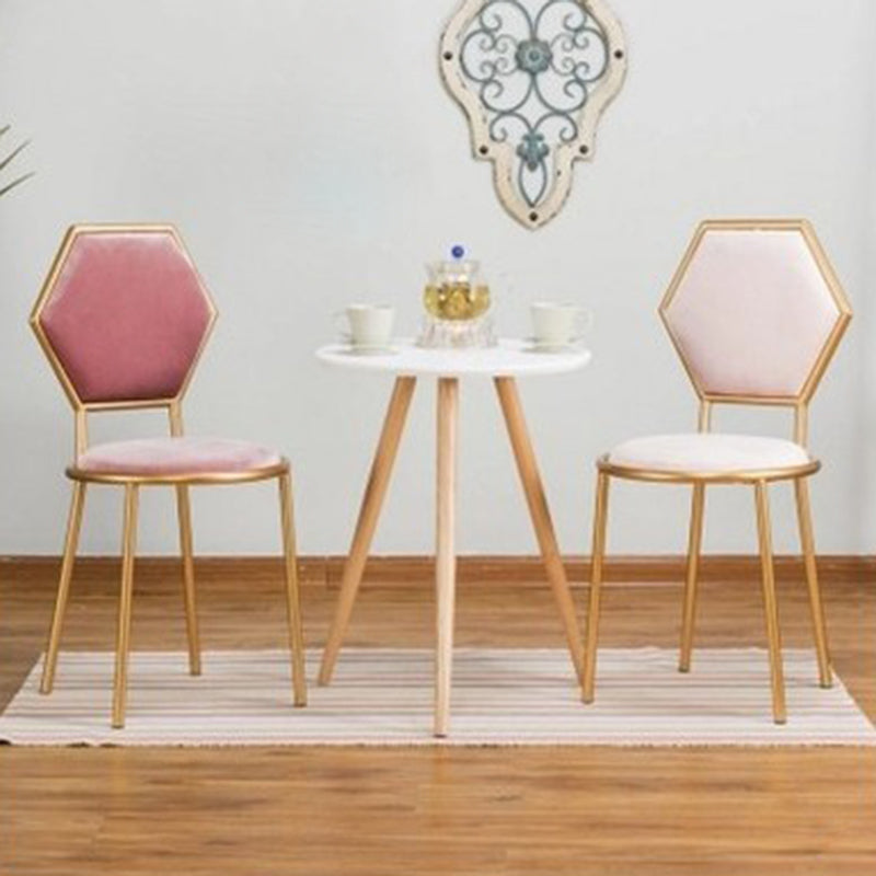 Traditional French Round Velvet Upholstered Metal Frame Vanity Stool Hexagonal Back For Bedroom
