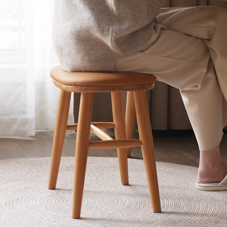 Traditional French Oval Tech Fabric Upholstered Cherry Wood Vanity Stool Footrest For Bedroom
