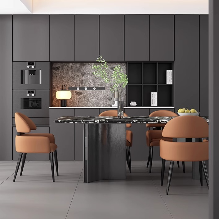 Modern Minimalist Square Curved Metal Leather Dining Chair Backrest Armrest For Dining Room