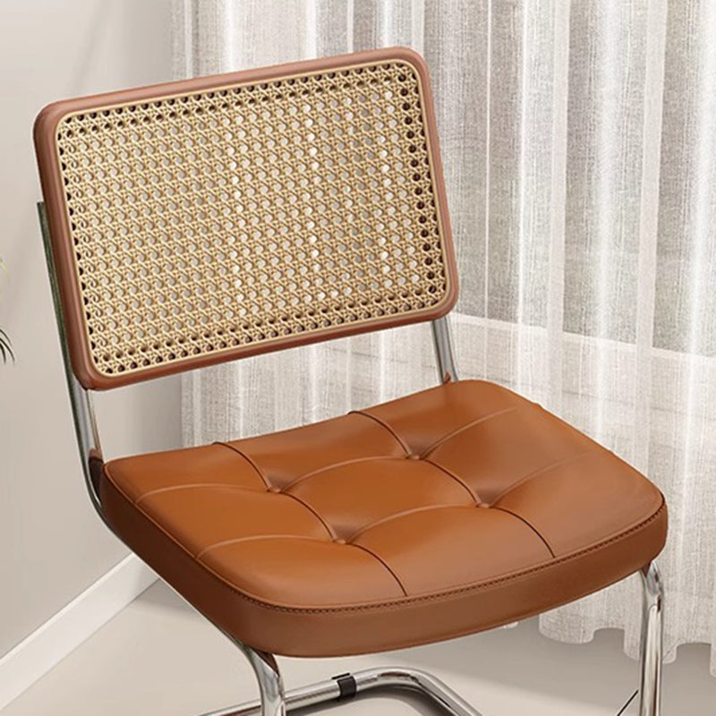 Traditional Vintage Arc Stainless Steel Leather Sponge Plastic Rattan Weaving Dining Chair Backrest Armless For Dining Room