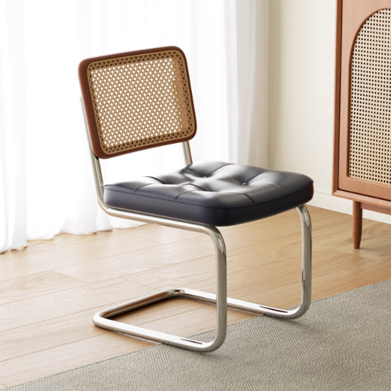 Traditional Vintage Arc Stainless Steel Leather Sponge Plastic Rattan Weaving Dining Chair Backrest Armless For Dining Room