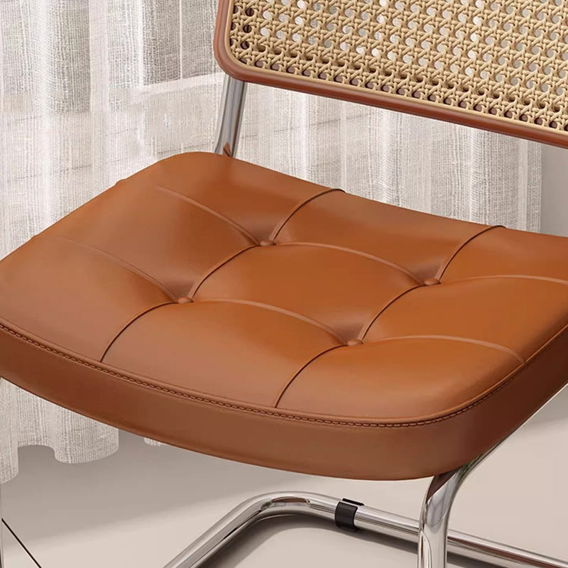 Traditional Vintage Arc Stainless Steel Leather Sponge Plastic Rattan Weaving Dining Chair Backrest Armless For Dining Room