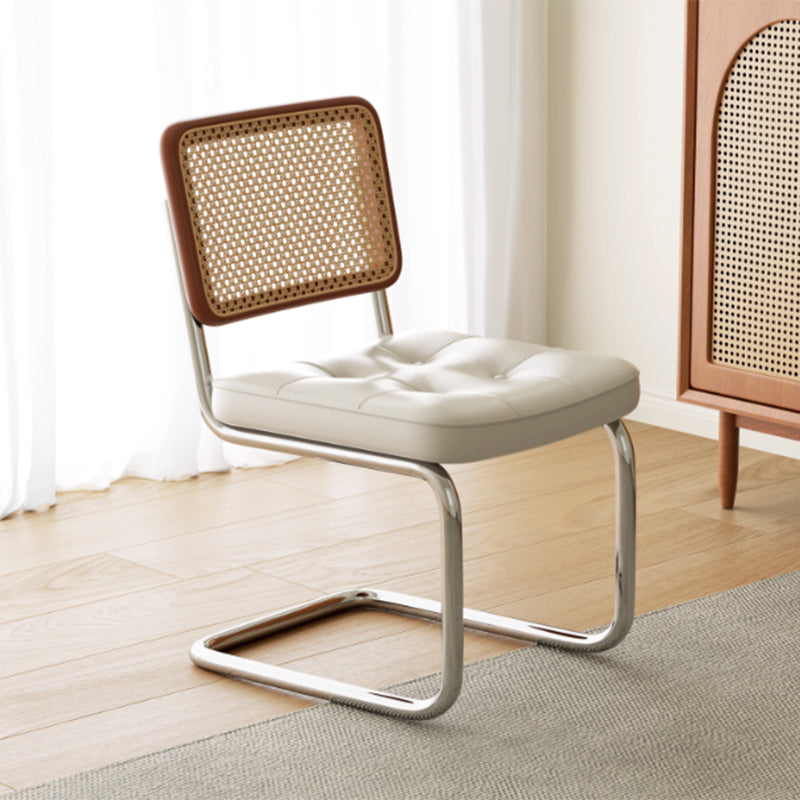 Traditional Vintage Arc Stainless Steel Leather Sponge Plastic Rattan Weaving Dining Chair Backrest Armless For Dining Room
