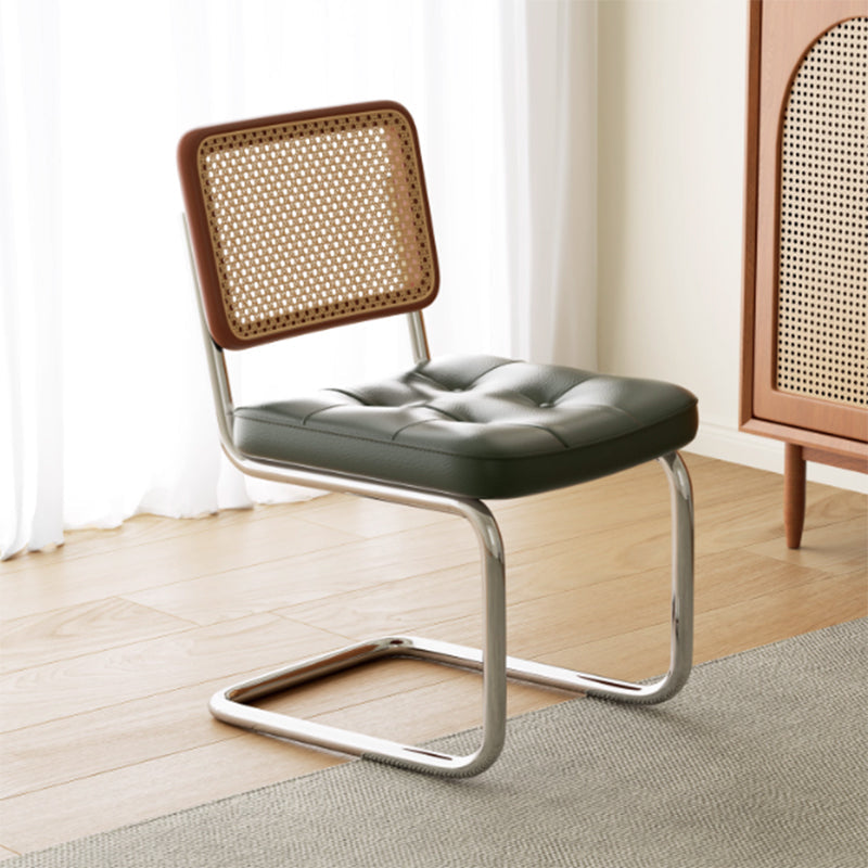 Traditional Vintage Arc Stainless Steel Leather Sponge Plastic Rattan Weaving Dining Chair Backrest Armless For Dining Room