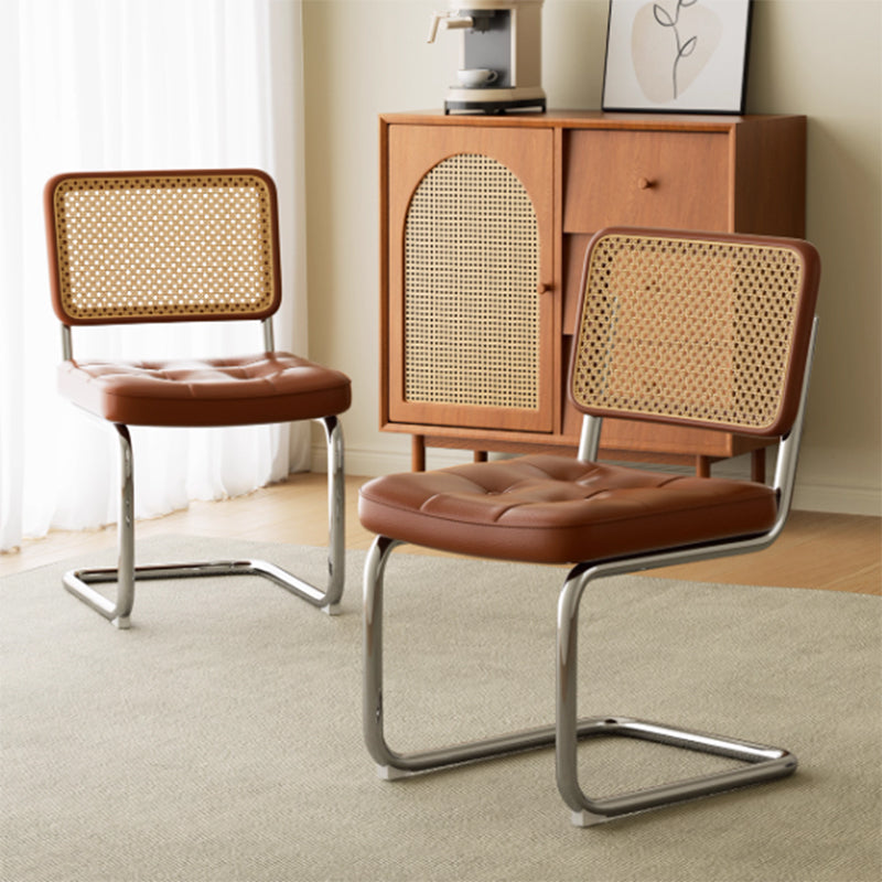 Traditional Vintage Arc Stainless Steel Leather Sponge Plastic Rattan Weaving Dining Chair Backrest Armless For Dining Room