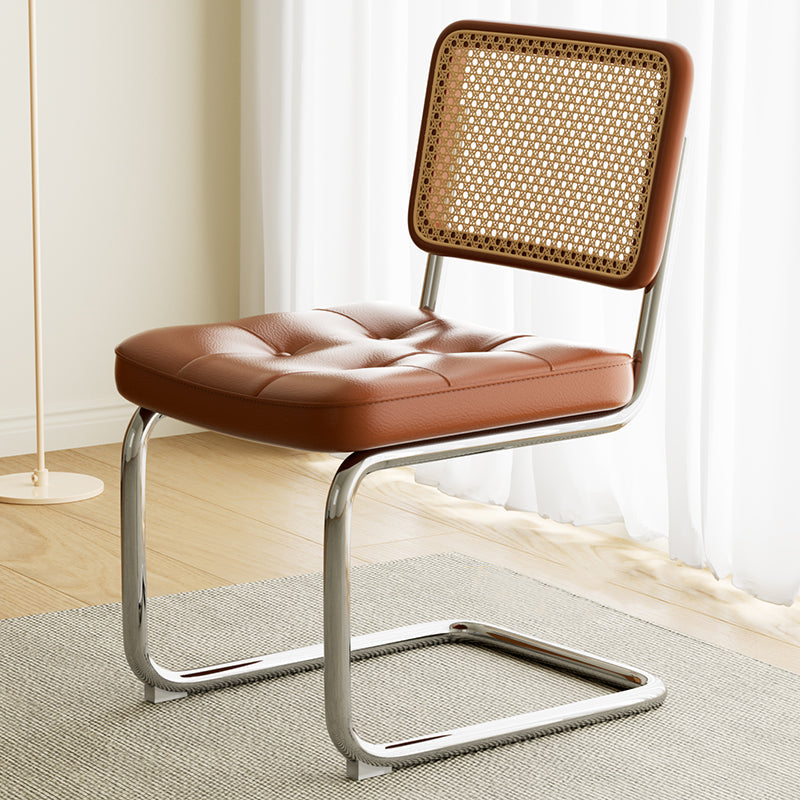 Traditional Vintage Arc Stainless Steel Leather Sponge Plastic Rattan Weaving Dining Chair Backrest Armless For Dining Room