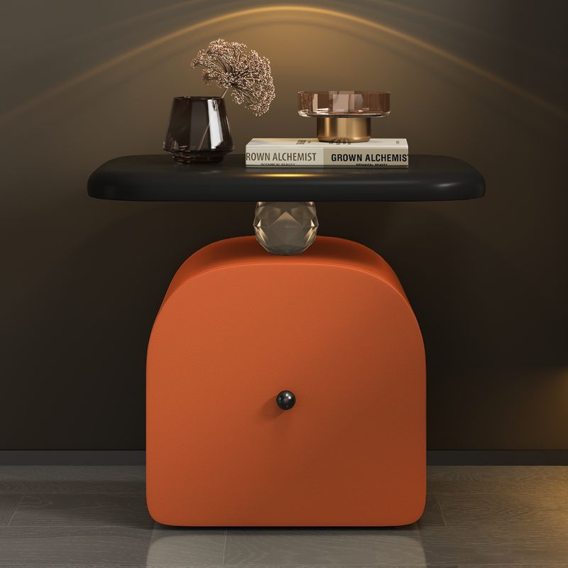 Contemporary Nordic Faux Leather & Wood Curved Nightstand With 1-Drawer For Bedroom
