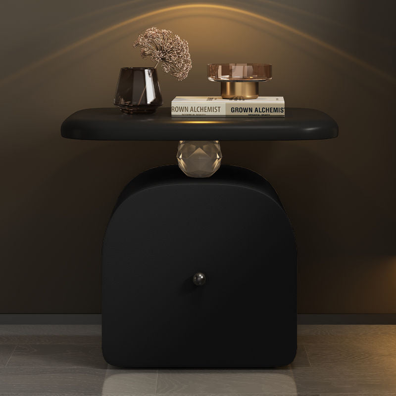 Contemporary Nordic Faux Leather & Wood Curved Nightstand With 1-Drawer For Bedroom