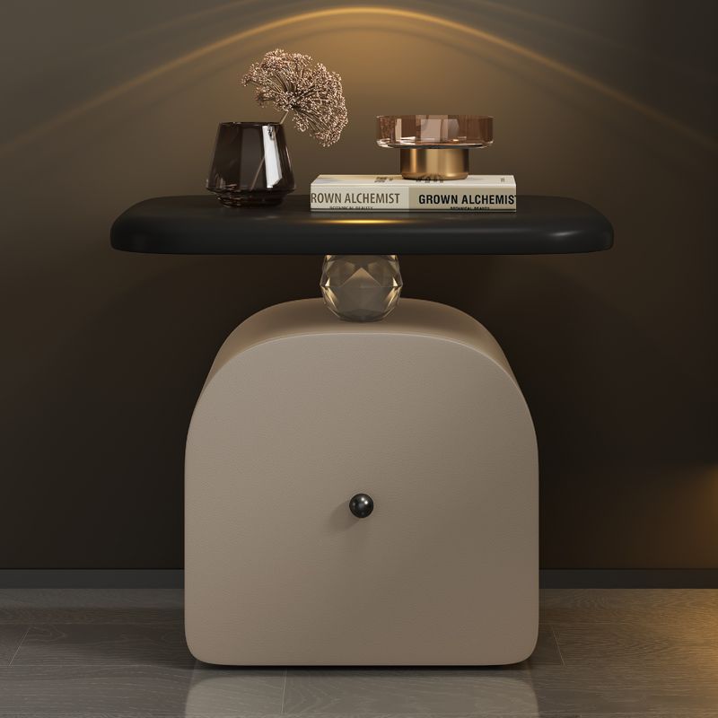 Contemporary Nordic Faux Leather & Wood Curved Nightstand With 1-Drawer For Bedroom