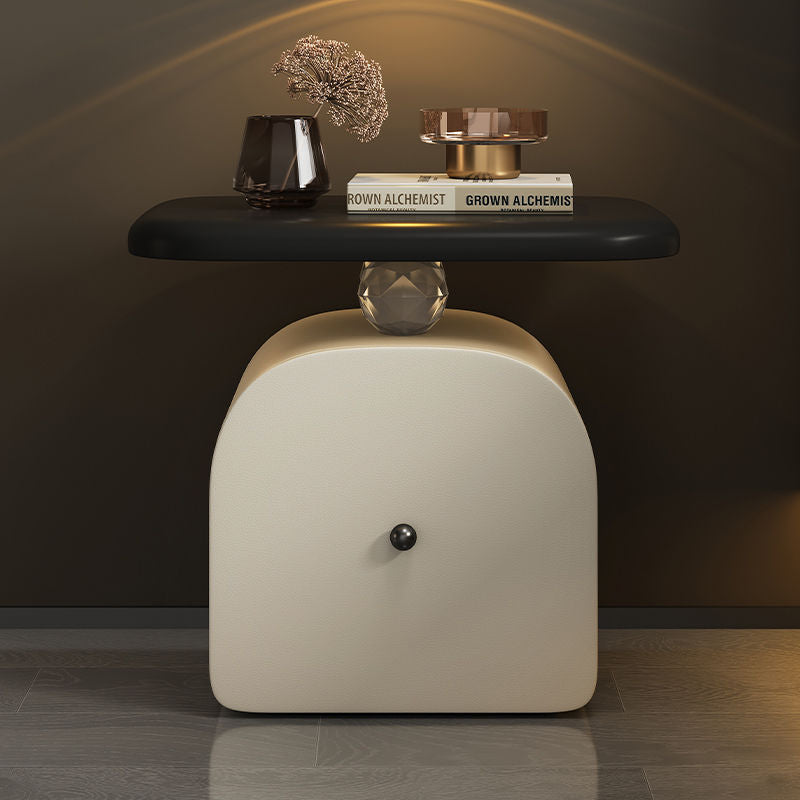 Contemporary Nordic Faux Leather & Wood Curved Nightstand With 1-Drawer For Bedroom