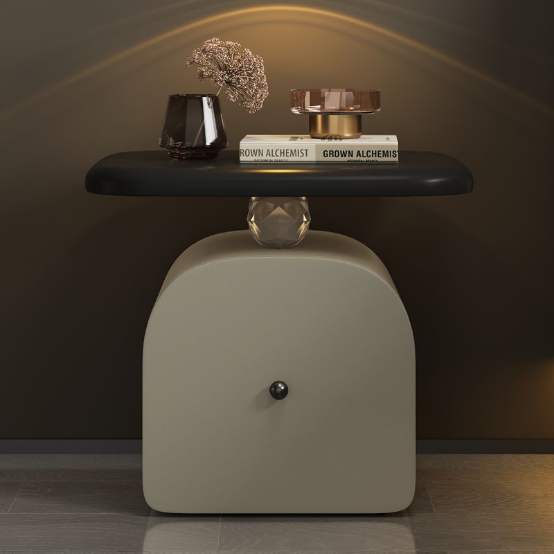 Contemporary Nordic Faux Leather & Wood Curved Nightstand With 1-Drawer For Bedroom