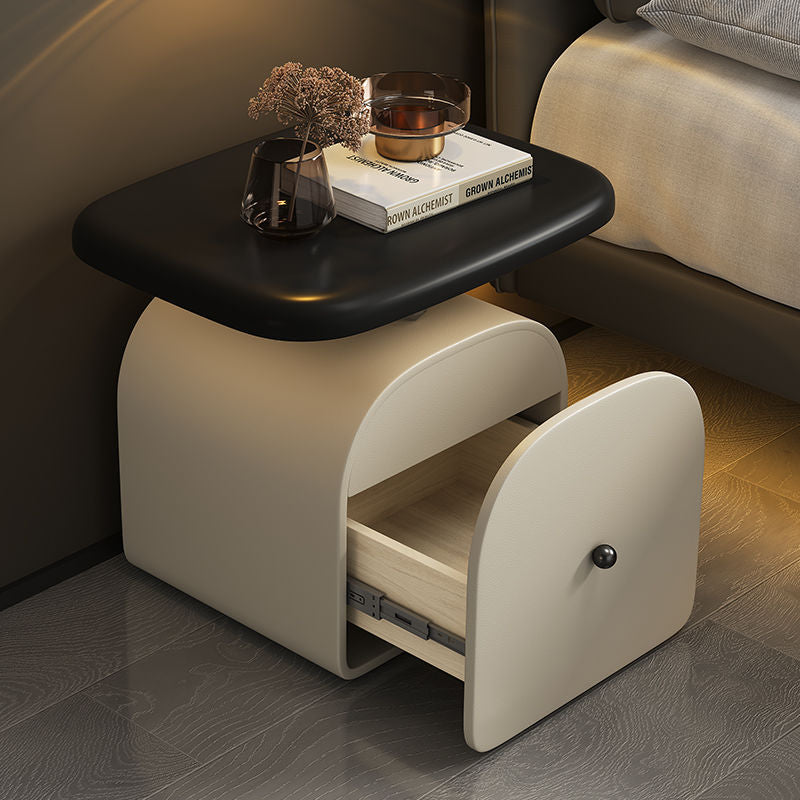 Contemporary Nordic Faux Leather & Wood Curved Nightstand With 1-Drawer For Bedroom