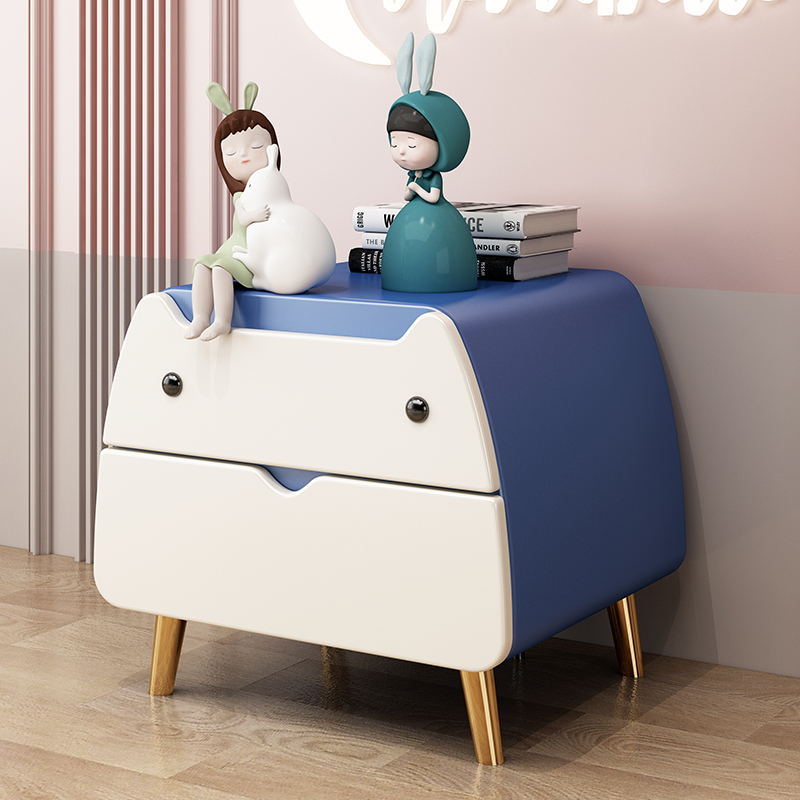 Contemporary Creative Microfiber Leather, Wood & Carbon Steel Cat-Shaped Nightstand With 2-Drawer For Kids' Bedroom