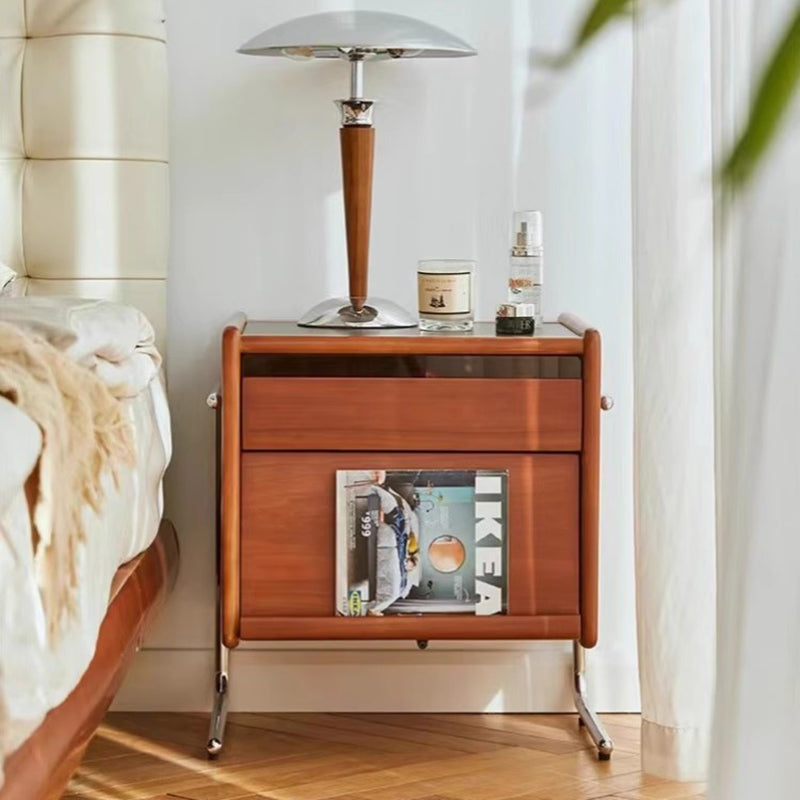 Traditional Vintage Wood, Rock Slab & Stainless Steel Rectangular Nightstand With 2-Drawer For Bedroom