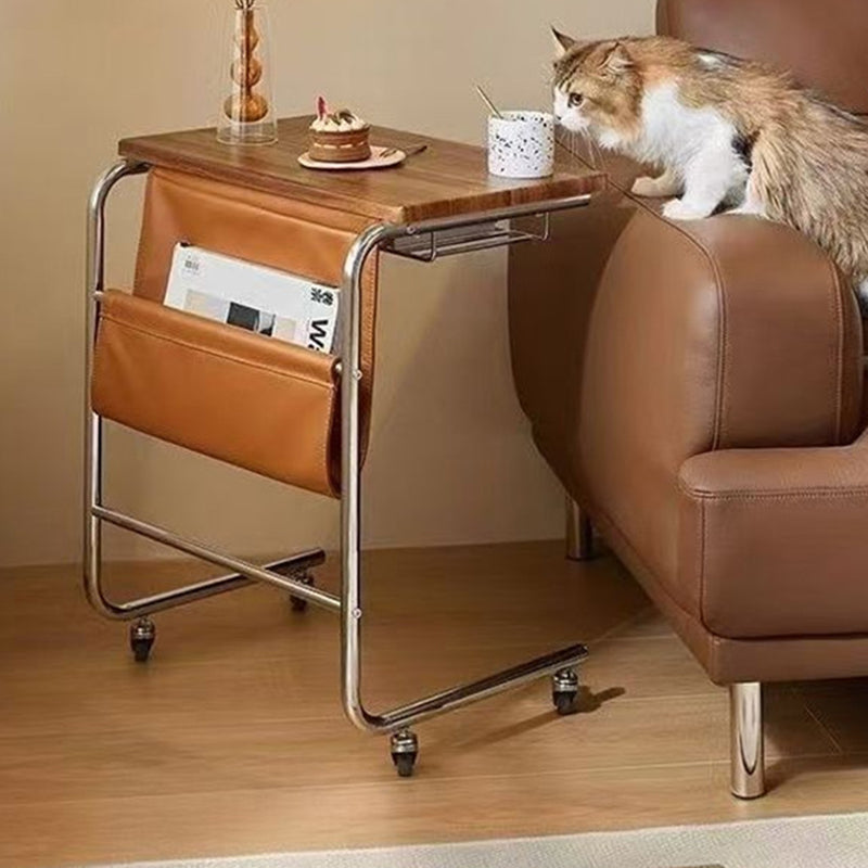 Modern Mid-Century Plank, Iron & PU Leather Rectangular Side Table With Wheels For Living Room, Bedroom