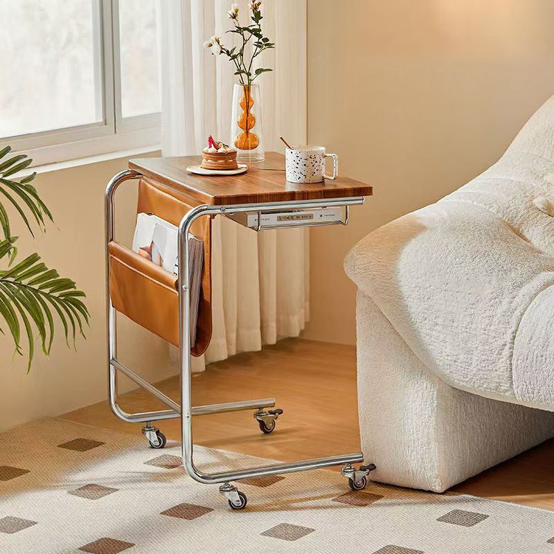Modern Mid-Century Plank, Iron & PU Leather Rectangular Side Table With Wheels For Living Room, Bedroom