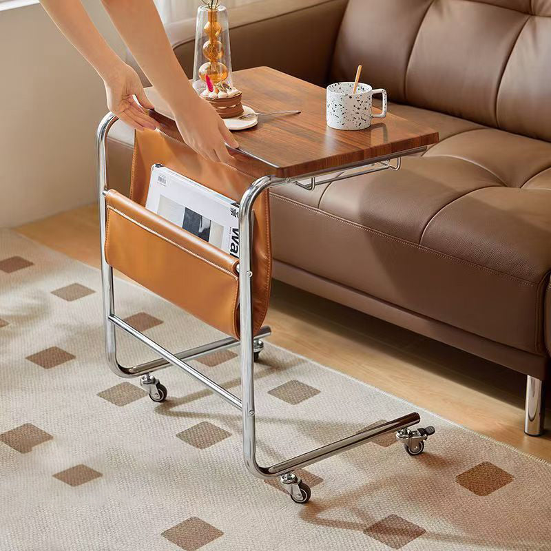 Modern Mid-Century Plank, Iron & PU Leather Rectangular Side Table With Wheels For Living Room, Bedroom