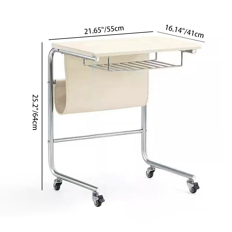 Modern Mid-Century Plank, Iron & PU Leather Rectangular Side Table With Wheels For Living Room, Bedroom