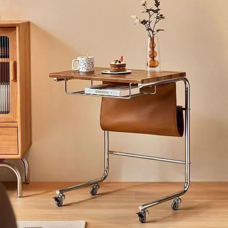 Modern Mid-Century Plank, Iron & PU Leather Rectangular Side Table With Wheels For Living Room, Bedroom