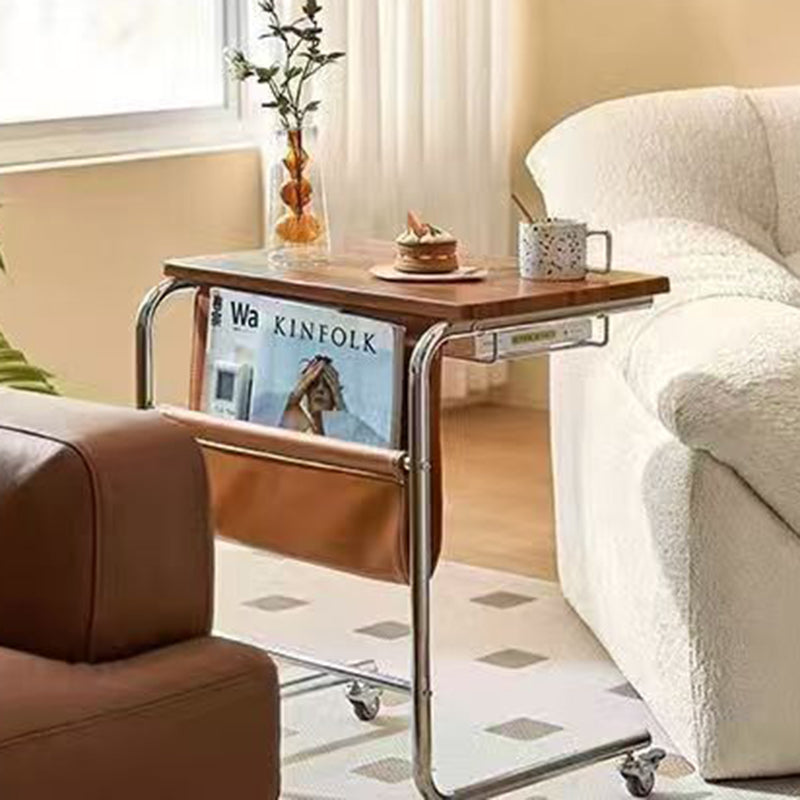 Modern Mid-Century Plank, Iron & PU Leather Rectangular Side Table With Wheels For Living Room, Bedroom