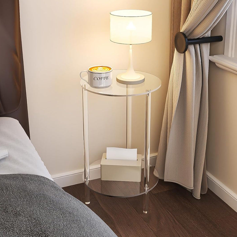 Modern Minimalist Acrylic Round Side Table With 2-Tier Storage For Bedroom & Living Room