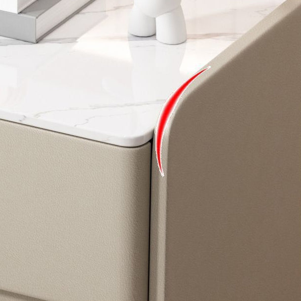 Modern Minimalist Rock Slab, Wood & Microfiber Leather Rectangular Nightstand With 3-Drawers For Bedroom & Living Room