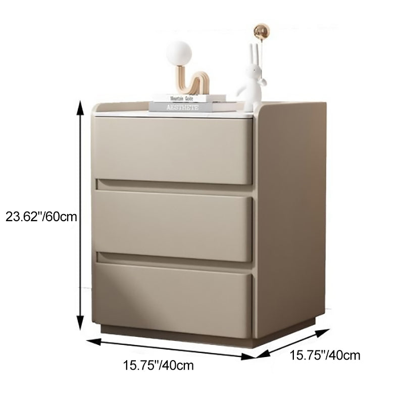 Modern Minimalist Rock Slab, Wood & Microfiber Leather Rectangular Nightstand With 3-Drawers For Bedroom & Living Room