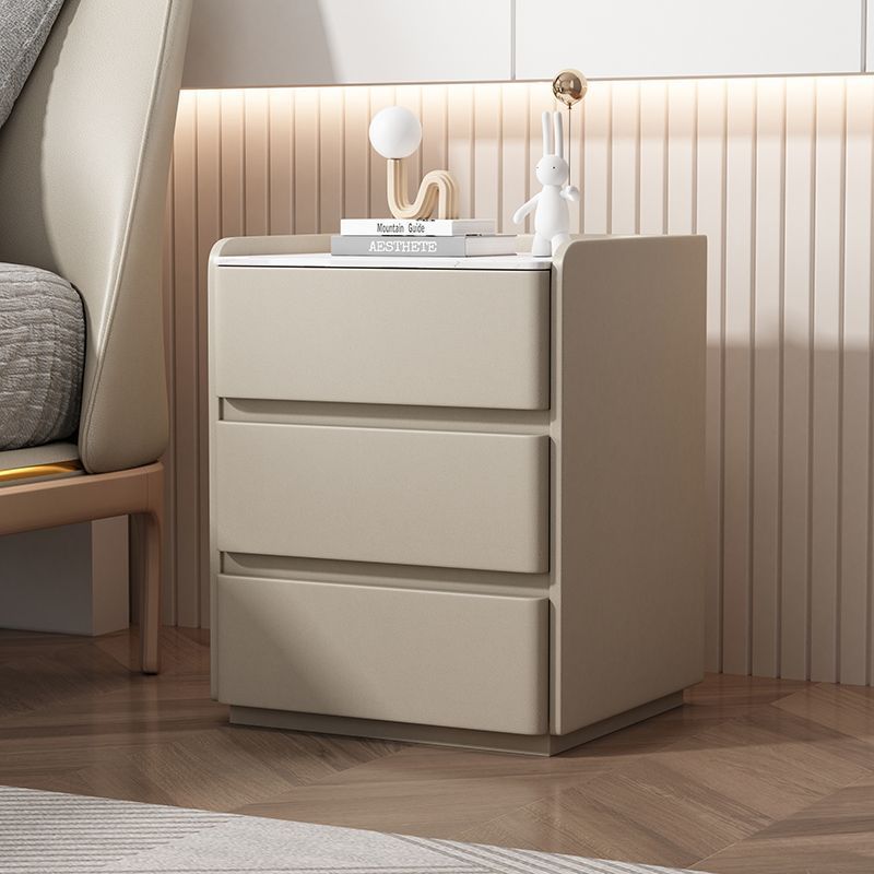 Modern Minimalist Rock Slab, Wood & Microfiber Leather Rectangular Nightstand With 3-Drawers For Bedroom & Living Room
