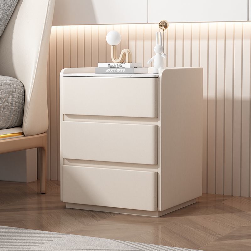 Modern Minimalist Rock Slab, Wood & Microfiber Leather Rectangular Nightstand With 3-Drawers For Bedroom & Living Room