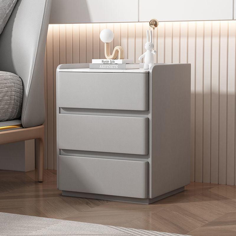 Modern Minimalist Rock Slab, Wood & Microfiber Leather Rectangular Nightstand With 3-Drawers For Bedroom & Living Room