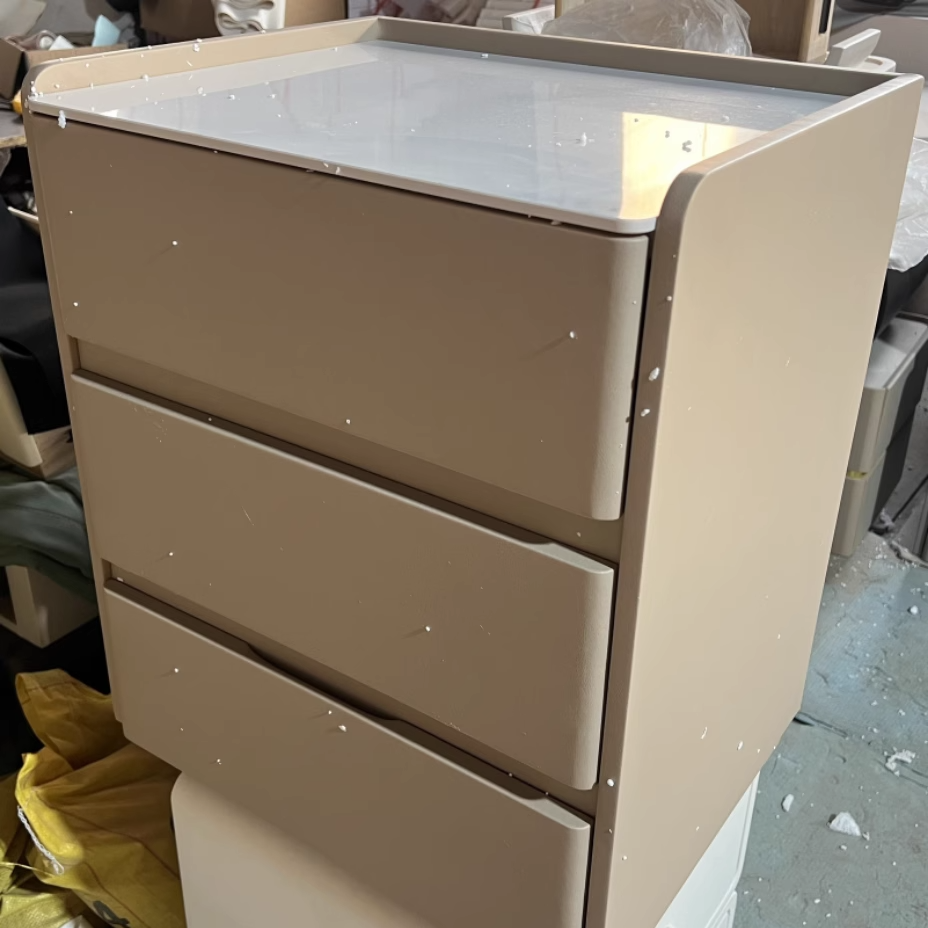 Modern Minimalist Rock Slab, Wood & Microfiber Leather Rectangular Nightstand With 3-Drawers For Bedroom & Living Room
