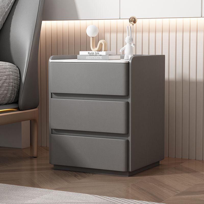 Modern Minimalist Rock Slab, Wood & Microfiber Leather Rectangular Nightstand With 3-Drawers For Bedroom & Living Room