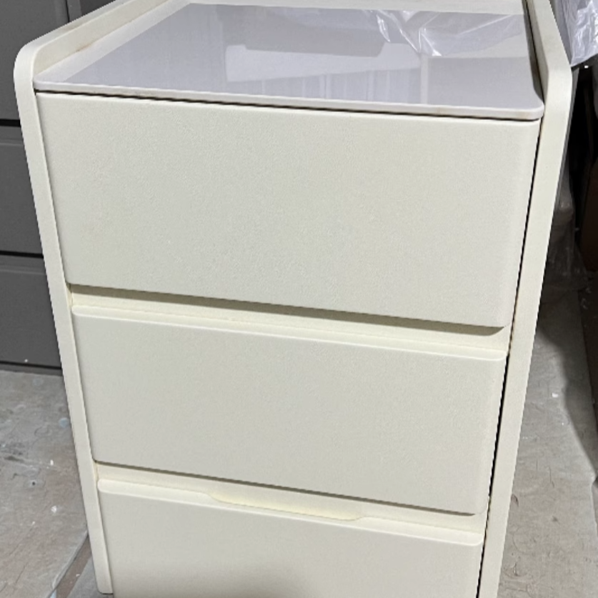 Modern Minimalist Rock Slab, Wood & Microfiber Leather Rectangular Nightstand With 3-Drawers For Bedroom & Living Room