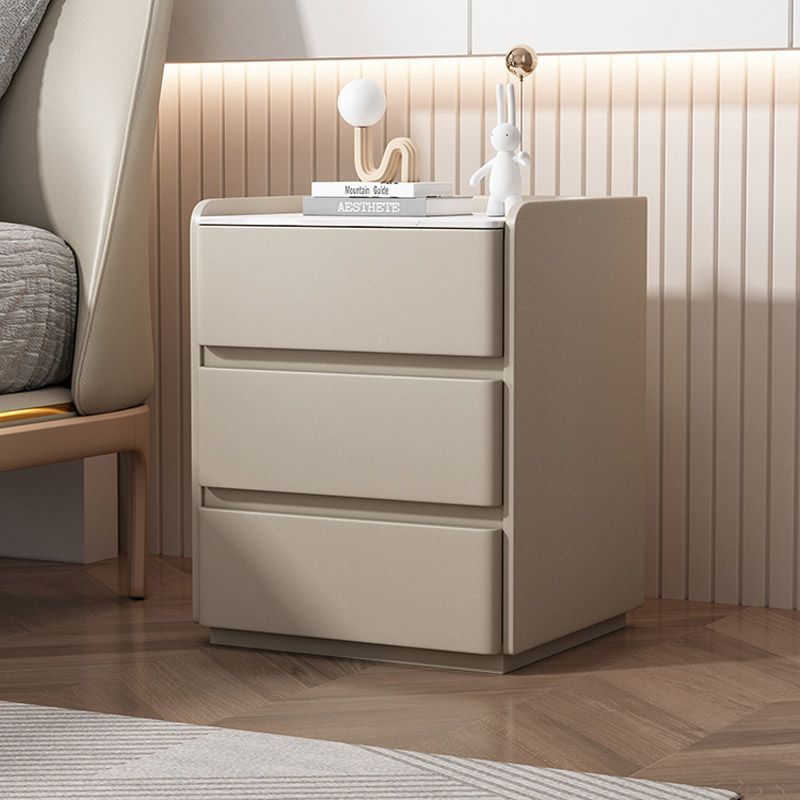 Modern Minimalist Rock Slab, Wood & Microfiber Leather Rectangular Nightstand With 3-Drawers For Bedroom & Living Room