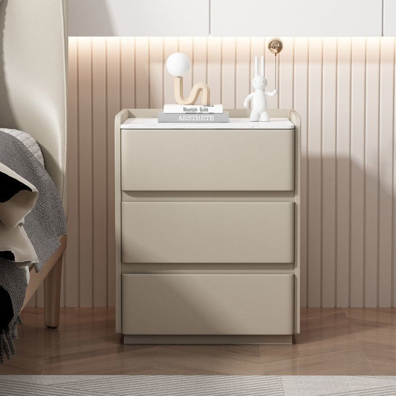 Modern Minimalist Rock Slab, Wood & Microfiber Leather Rectangular Nightstand With 3-Drawers For Bedroom & Living Room