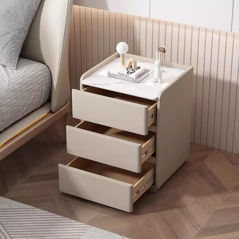 Modern Minimalist Rock Slab, Wood & Microfiber Leather Rectangular Nightstand With 3-Drawers For Bedroom & Living Room