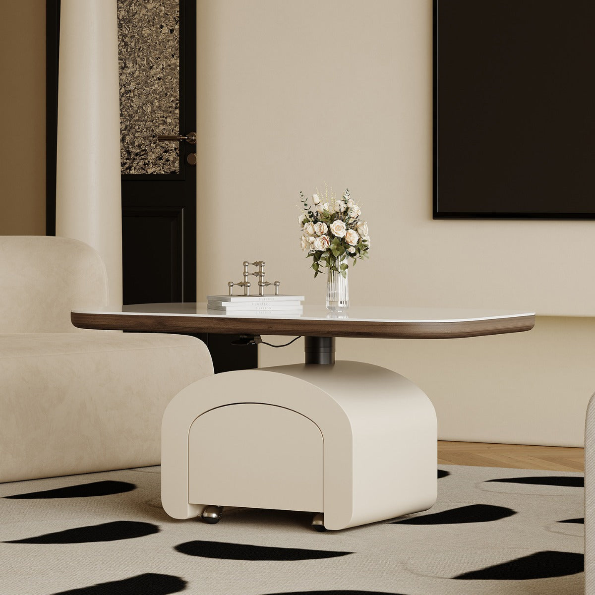 Contemporary Nordic Rock Slab & Wood Rectangular Coffee Table 1-Drawer With Lift-Top Function For Living Room & Bedroom