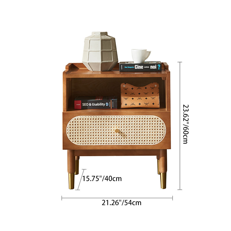 Contemporary Nordic Wood & Rattan Square Nightstand With 1-Drawer For Bedroom & Living Room