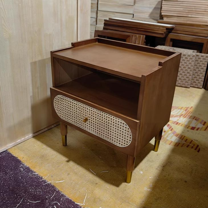 Contemporary Nordic Wood & Rattan Square Nightstand With 1-Drawer For Bedroom & Living Room
