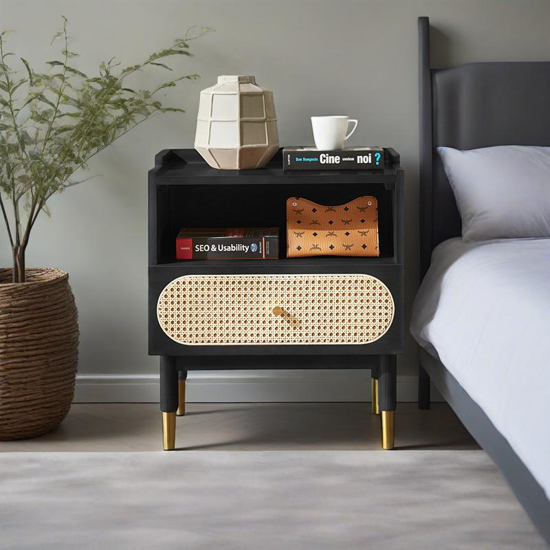 Contemporary Nordic Wood & Rattan Square Nightstand With 1-Drawer For Bedroom & Living Room