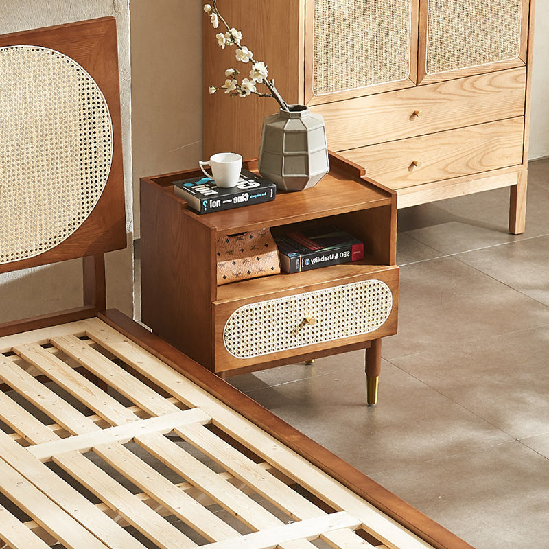 Contemporary Nordic Wood & Rattan Square Nightstand With 1-Drawer For Bedroom & Living Room