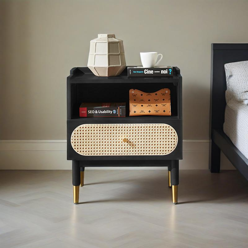 Contemporary Nordic Wood & Rattan Square Nightstand With 1-Drawer For Bedroom & Living Room