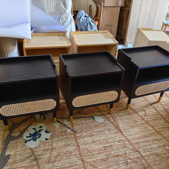 Contemporary Nordic Wood & Rattan Square Nightstand With 1-Drawer For Bedroom & Living Room