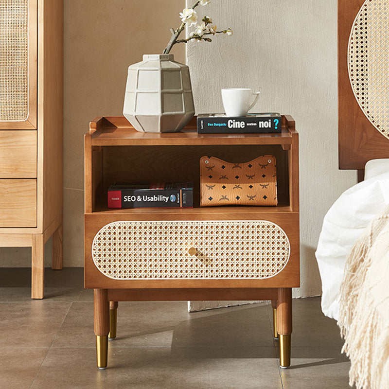 Contemporary Nordic Wood & Rattan Square Nightstand With 1-Drawer For Bedroom & Living Room