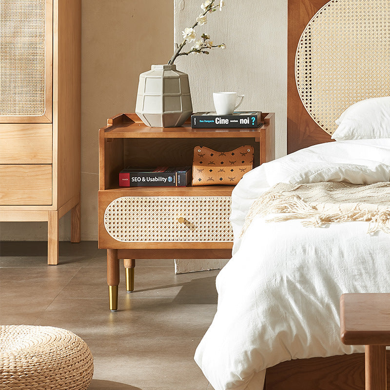Contemporary Nordic Wood & Rattan Square Nightstand With 1-Drawer For Bedroom & Living Room