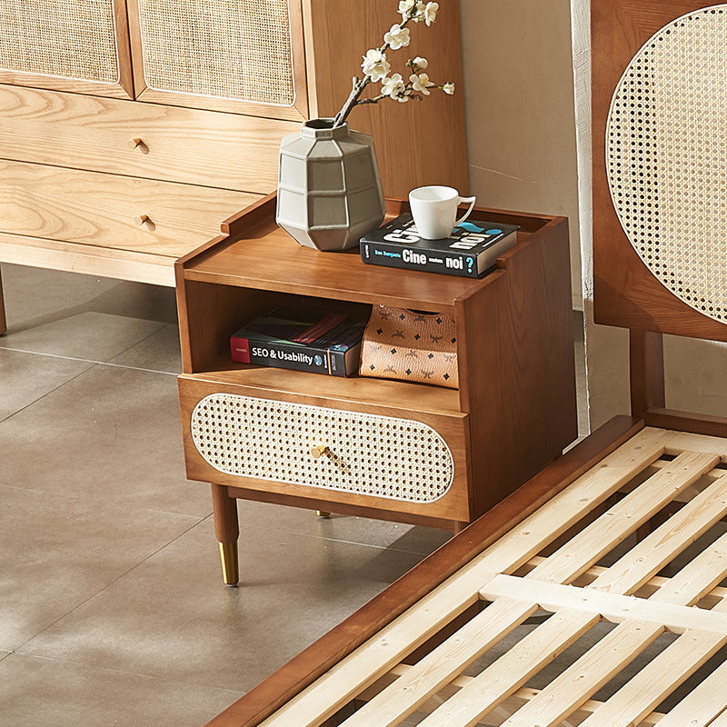 Contemporary Nordic Wood & Rattan Square Nightstand With 1-Drawer For Bedroom & Living Room