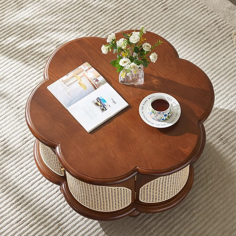 Traditional French Wood & Rattan Floral-Shaped Coffee Table With 1-Cabinet For Living Room & Bedroom