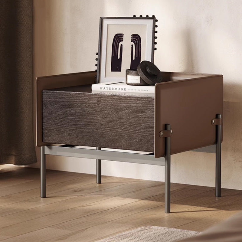 Modern Minimalist Wood, Metal & Saddle Leather Rectangular Nightstand With 1-Drawer For Bedroom & Living Room