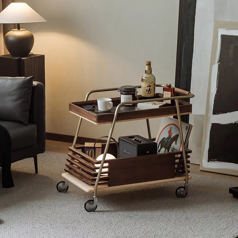 Modern Minimalist Ash Wood, Glass & Stainless Steel Rectangular Side Table With Wheels And 2-Tier Storage For Living Room & Bedroom